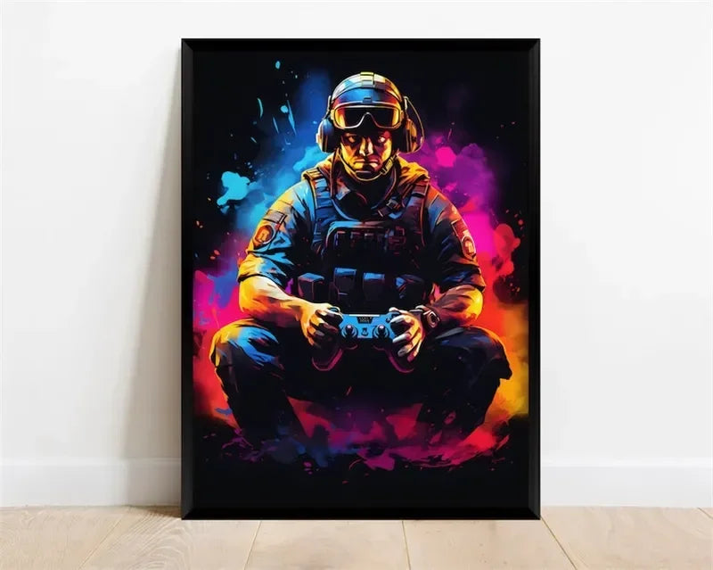 Pop Neon Video Game Character Canvas Wall Art Gamepad Headphones Gaming Room
