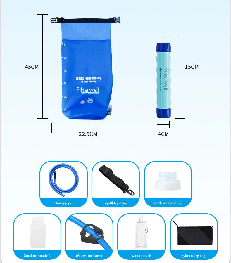 6L TPU Gravity Water Bag with Water Filter Straw – Camping, Hiking, Emergency