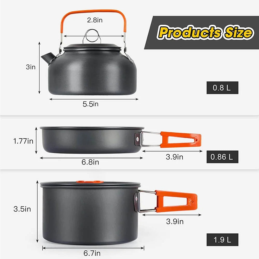 Camping Cookware Set Outdoor Picnic Travel Teapot Non-Stick Pots for 2-3 People