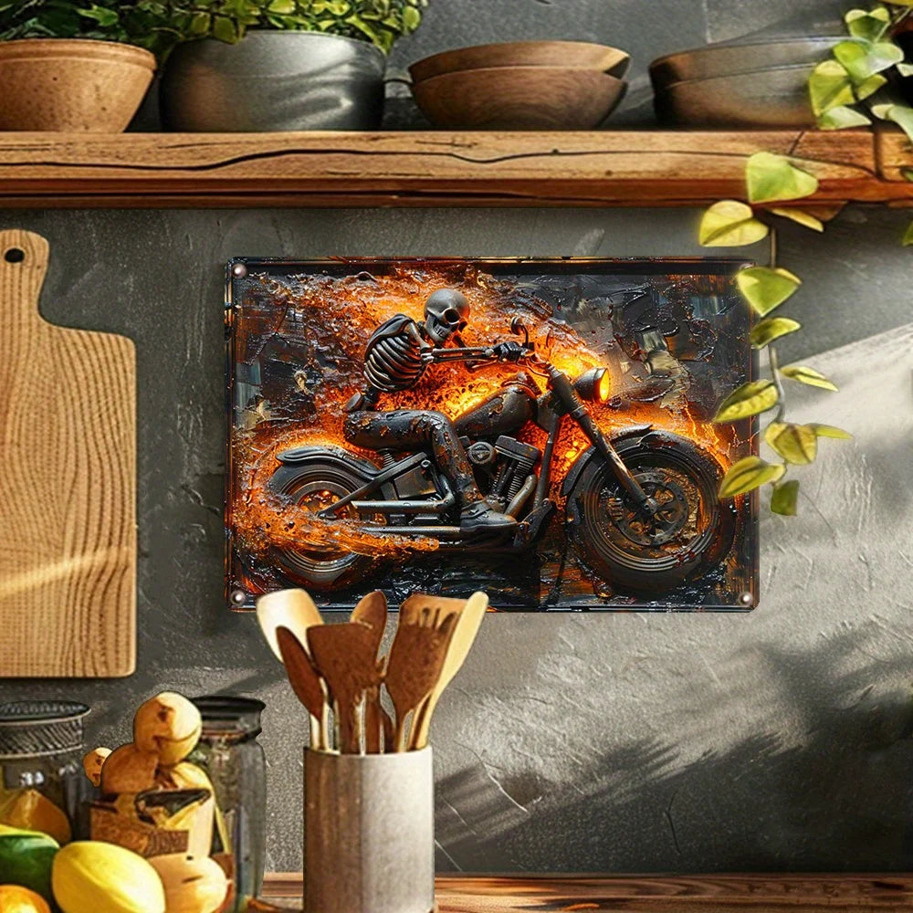 Skeleton on Motorcycle Metal Sign, Vintage Wall Art Garage Bar Bedroom Studio