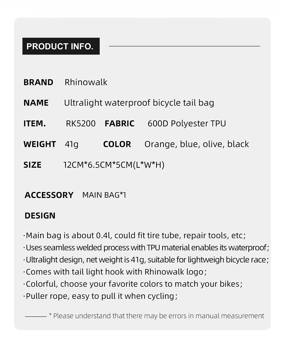 Ultralight Waterproof Bike Saddle Bag 0.4L Compact Rear Seatpost Bike Tail Pouch