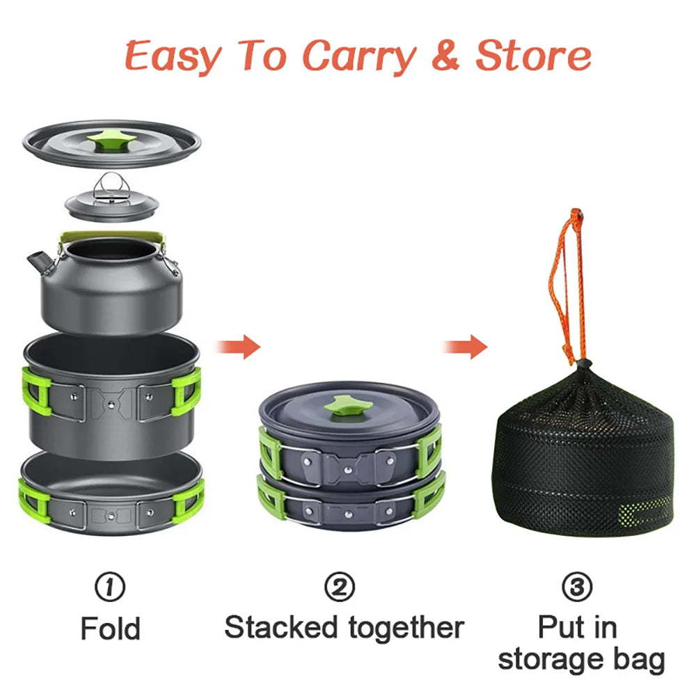 Camping Cookware Set Outdoor Picnic Travel Teapot Non-Stick Pots for 2-3 People