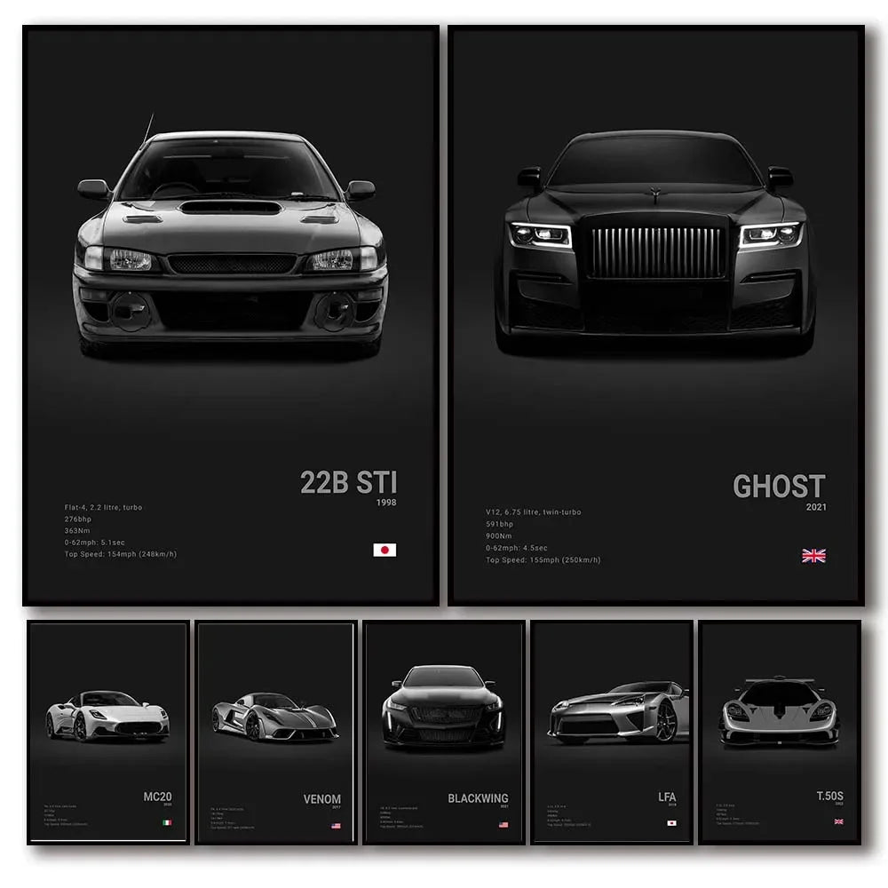 Pop Art Black Luxury Supercar Canvas Poster Wall  Home Mancave Decor Ghost GT RS