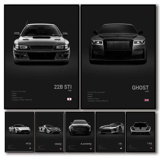 Pop Art Black Luxury Supercar Canvas Poster Wall  Home Mancave Decor Ghost GT RS
