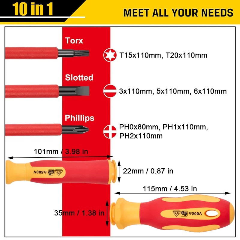 10Pcs Interchangeable VDE 500v Insulated Screwdriver Set Magnetic Electrician