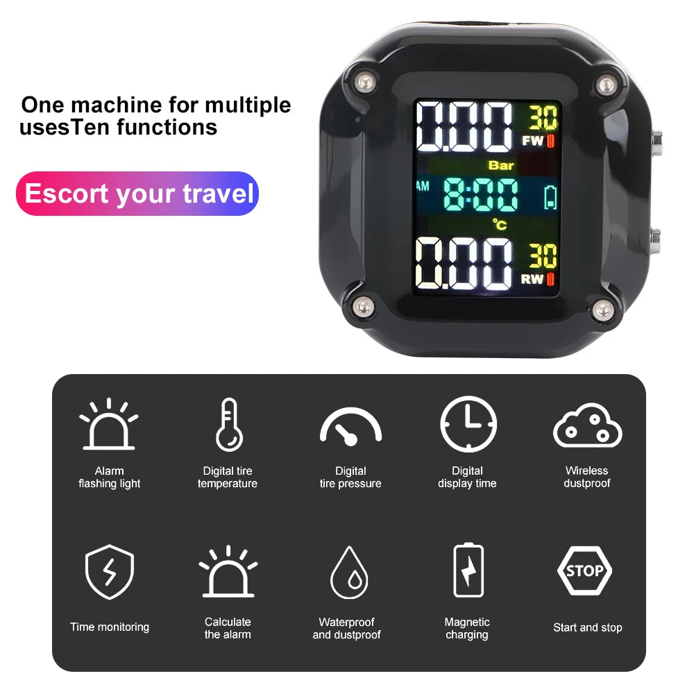 Motorcycle TPMS 0-96.7psi Tyre Pressure Monitoring System 2 Sensors LCD Display