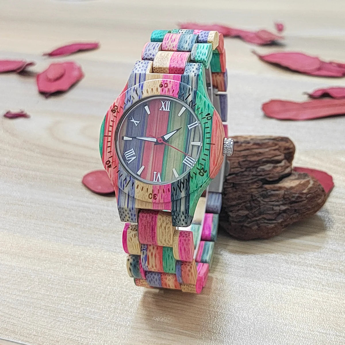 Womens Bamboo Wooden Watch  Natural Multicolour Rainbow Gifts Her
