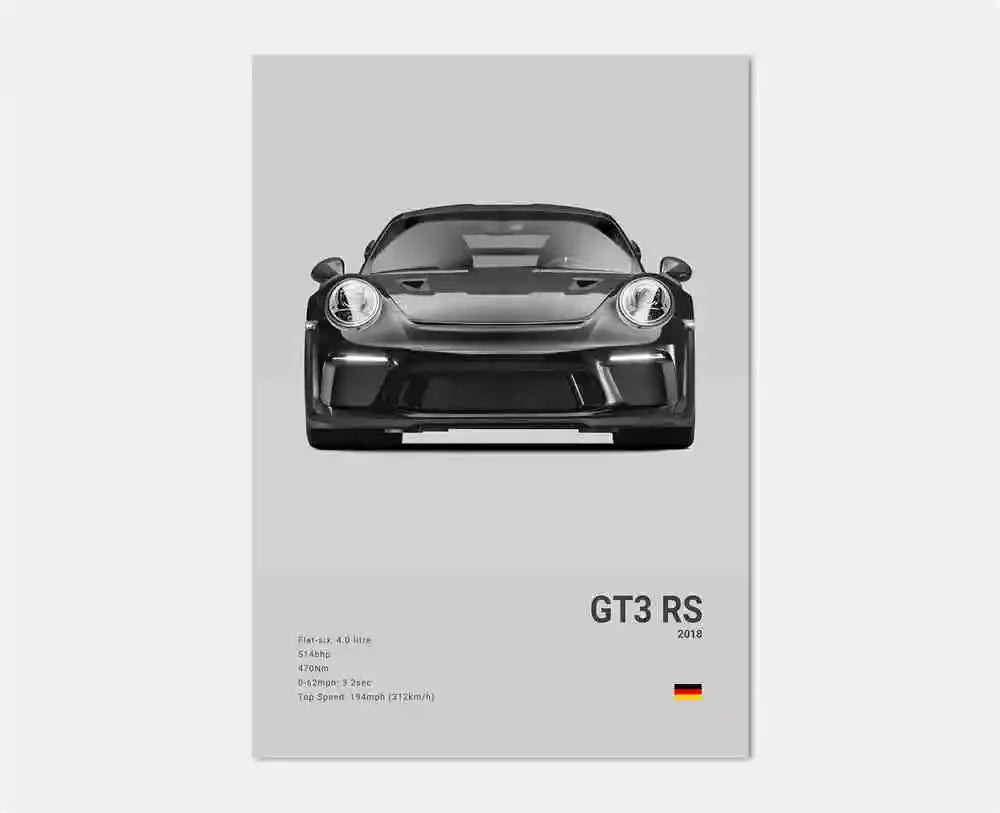 Pop B&W German Luxury Super Sport Car Canvas Poster 911 GT3 RS Turbo 918 993 GT4