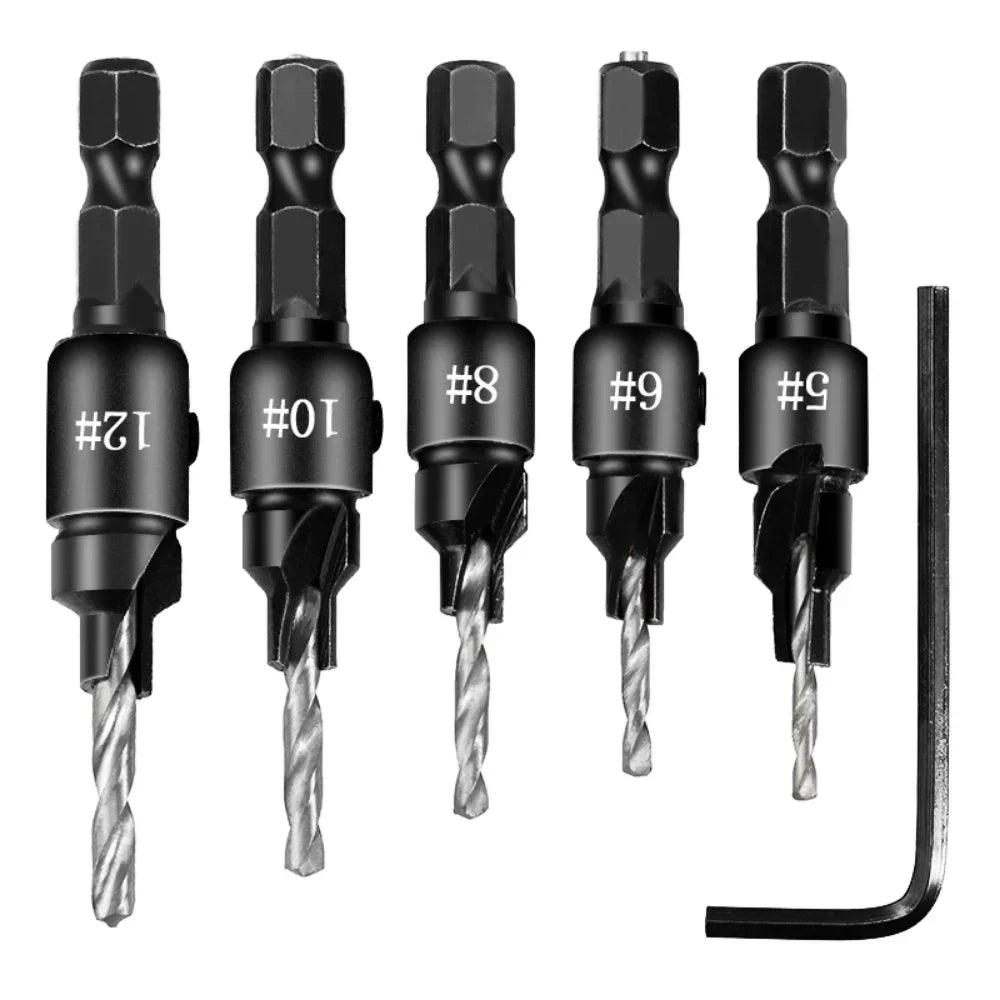 5pc 1/4" Hex Shank Countersink Drill Bit Set for Wood Screws #5–#12 Pilot Hole