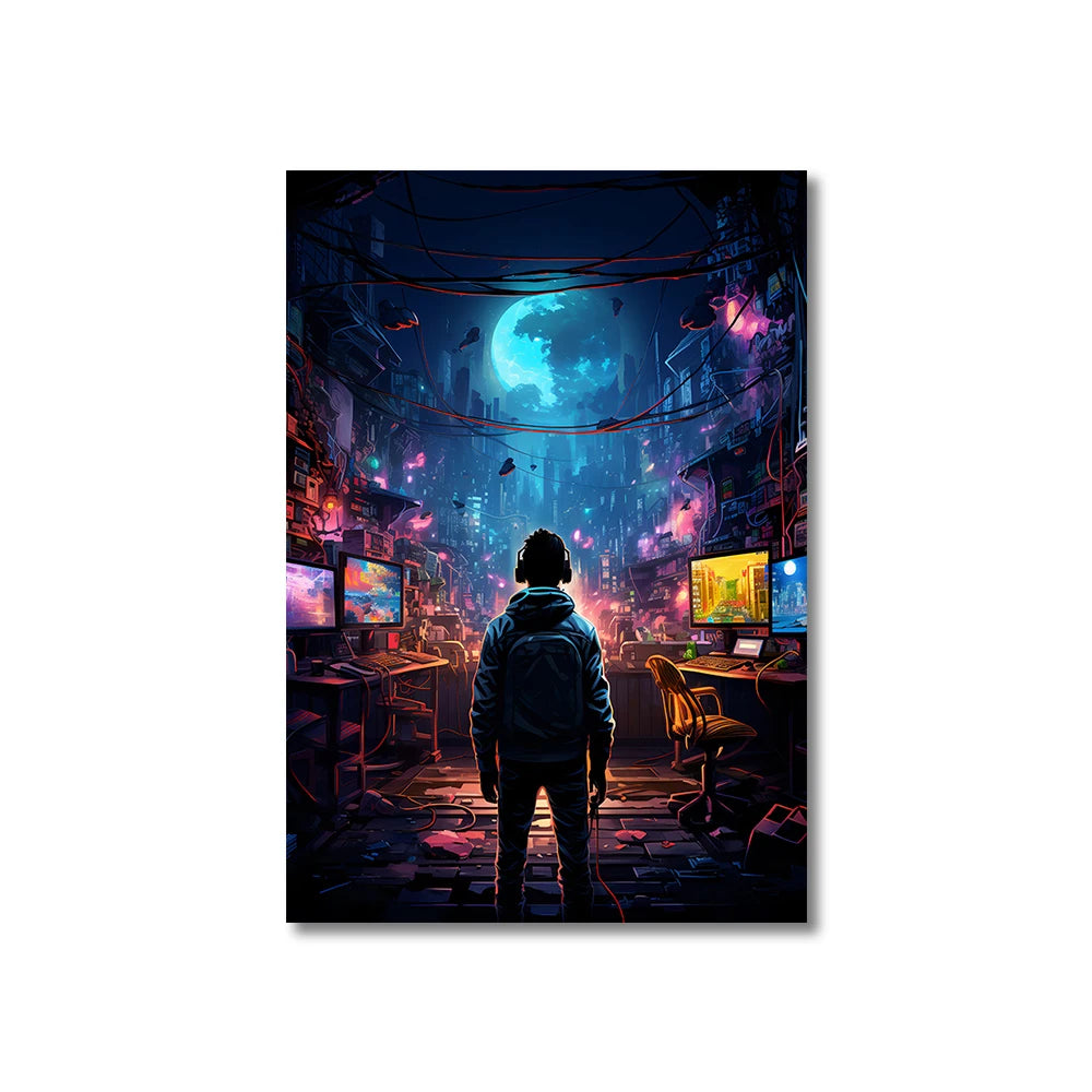 80s 90s style Neon Cyberpunk Gamer Controller Canvas Art Print Vibrant Mancave