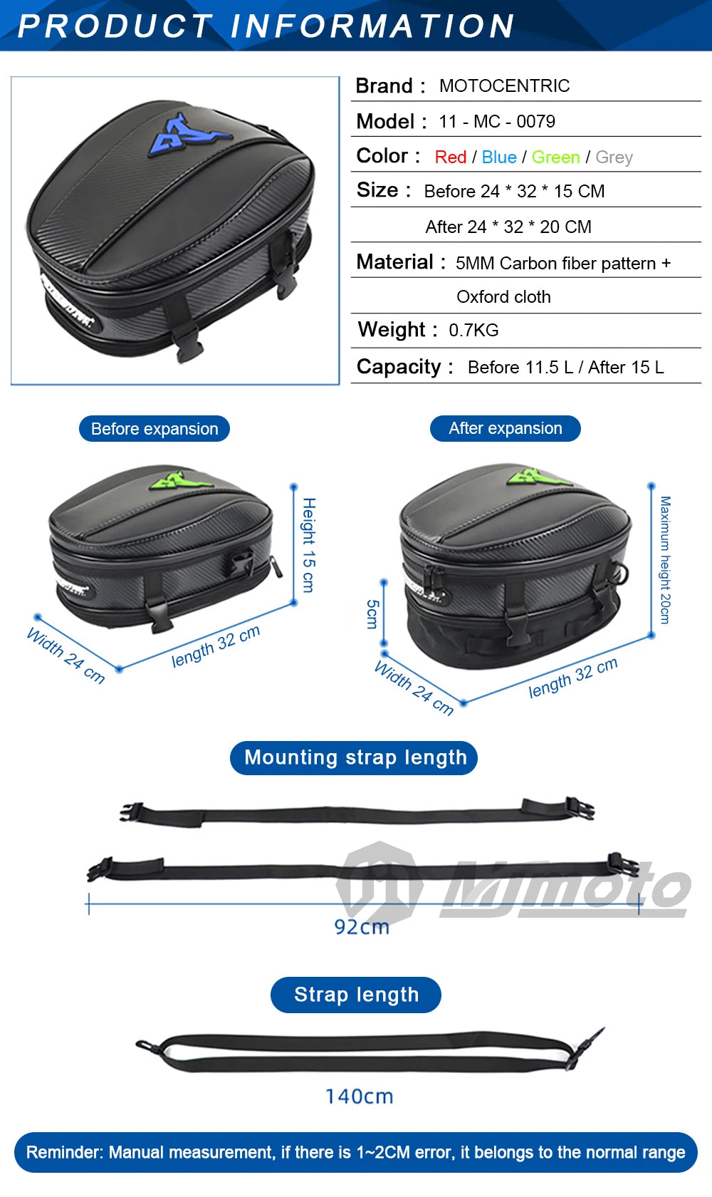 15L Motorcycle Tail Bag Waterproof Rear Seat Backpack Helmet Storage expandable