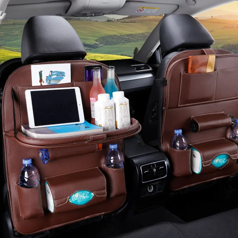 Car Seat Back Organizer w/ Foldable Tray – PU Leather Storage & Kick Mat