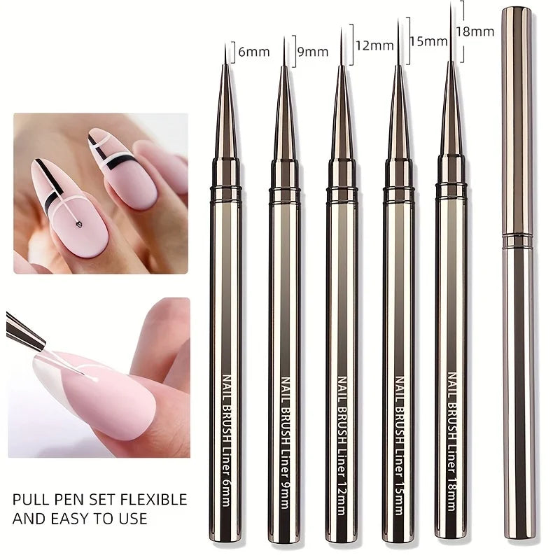 5PC Nail Art Liner Brushes Set - Metal Handle, Acrylic UV Gel Paint DIY Manicure