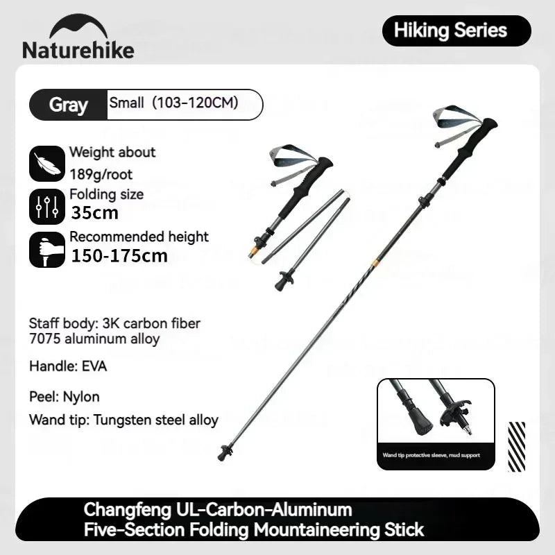 Folding Trekking Pole 5-Section Carbon Aluminium Ultralight Hiking Stick x1