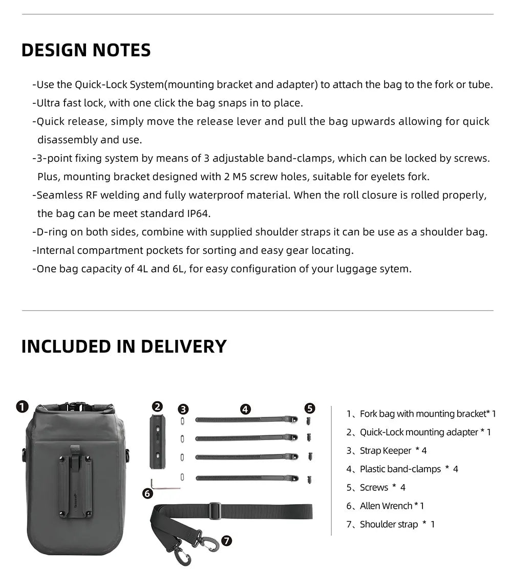Rhinowalk Waterproof 4L-6L Bike Fork Bag Quick Release Shoulder Pack MTB Road
