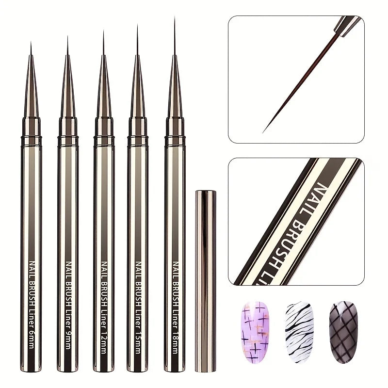5PC Nail Art Liner Brushes Set - Metal Handle, Acrylic UV Gel Paint DIY Manicure