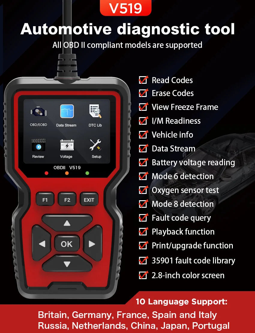 OBD2 V519 Scanner Pro OBDII Diagnostic Check Engine Light Read/Erase Codes