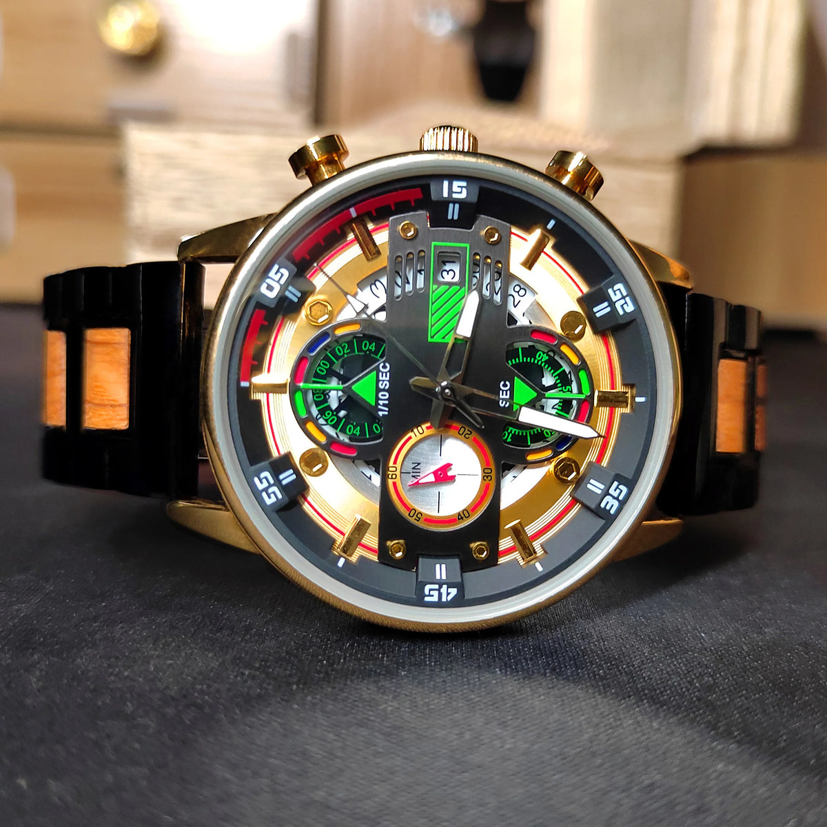 Men’s Luxury Wood Watch – Unique Chronograph Design, Luminous & Water Resistant