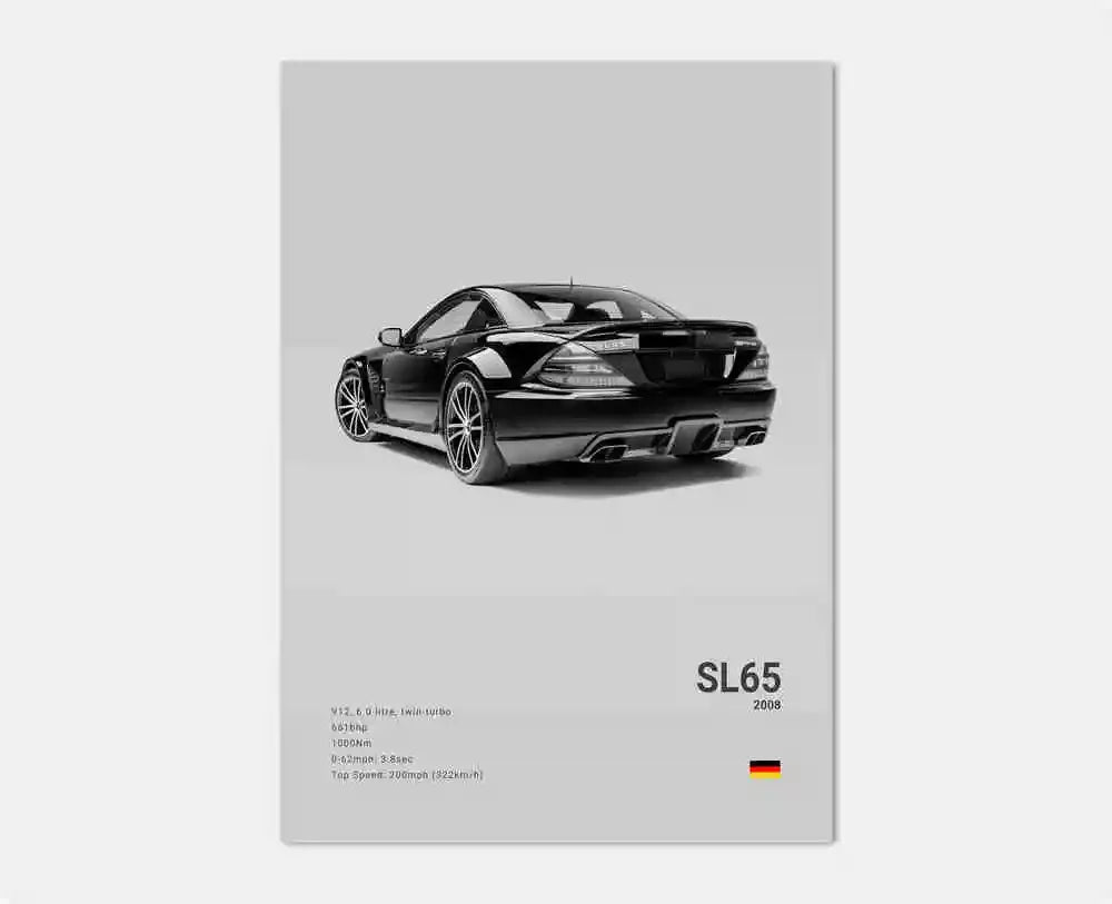 B&W Luxury Sports Car Poster Canvas Wall Art Garage Mancave Merc G63 SL GTR AMG