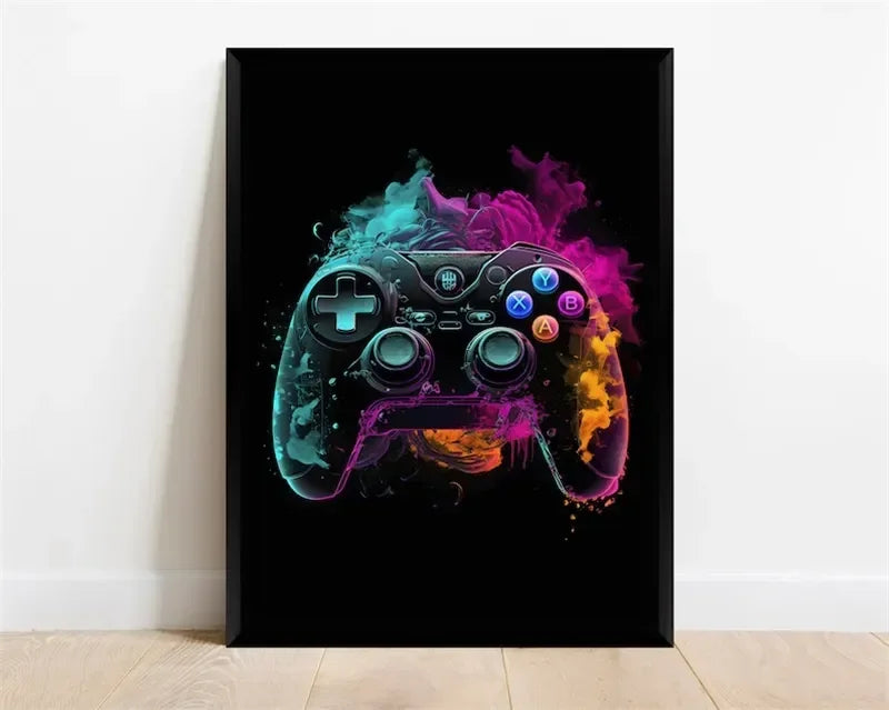 Pop Neon Video Game Character Canvas Wall Art Gamepad Headphones Gaming Room