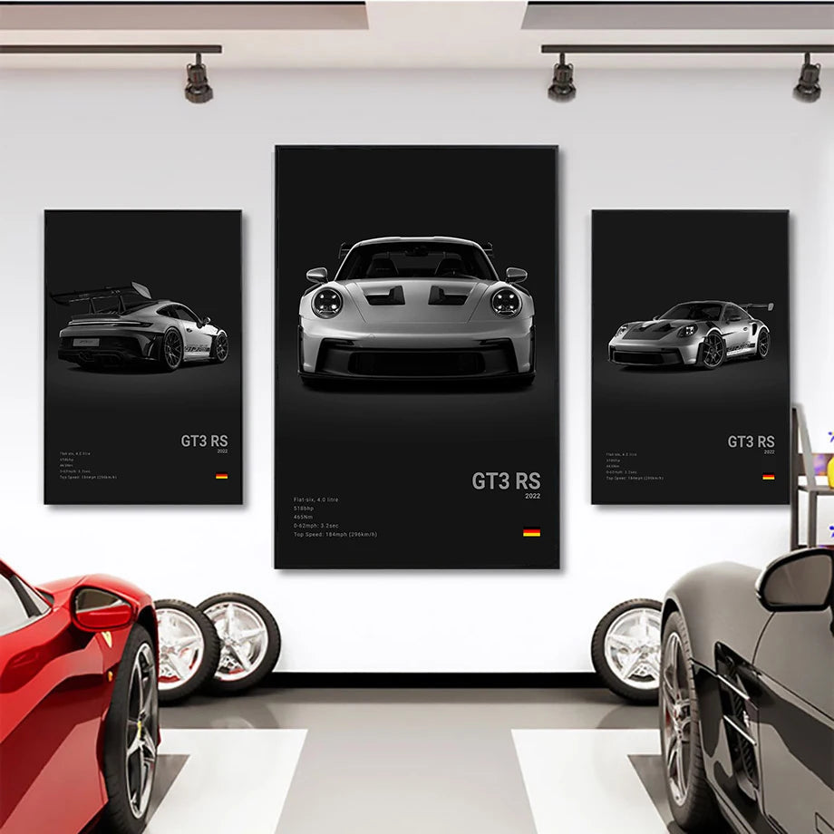Pop B&W German Luxury Super Sport Car Canvas Poster 911 GT3 RS Turbo 918 993 GT4