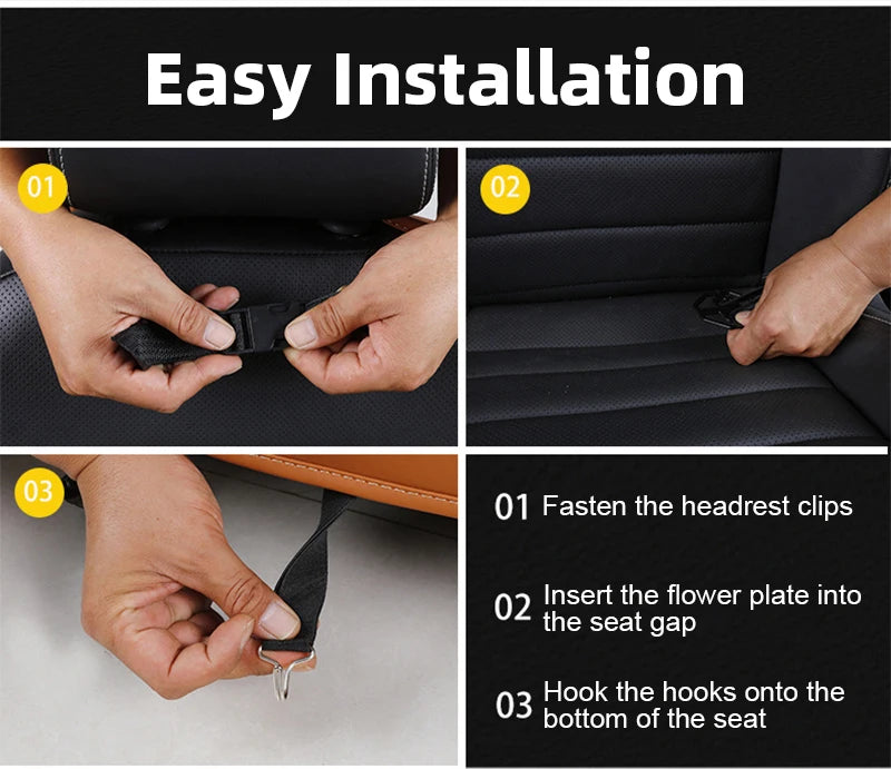 Car Seat Back Organizer w/ Foldable Tray – PU Leather Storage & Kick Mat