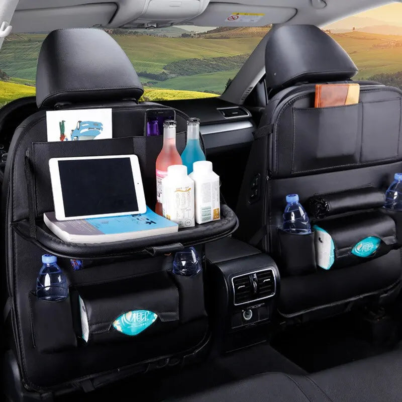 Car Seat Back Organizer w/ Foldable Tray – PU Leather Storage & Kick Mat