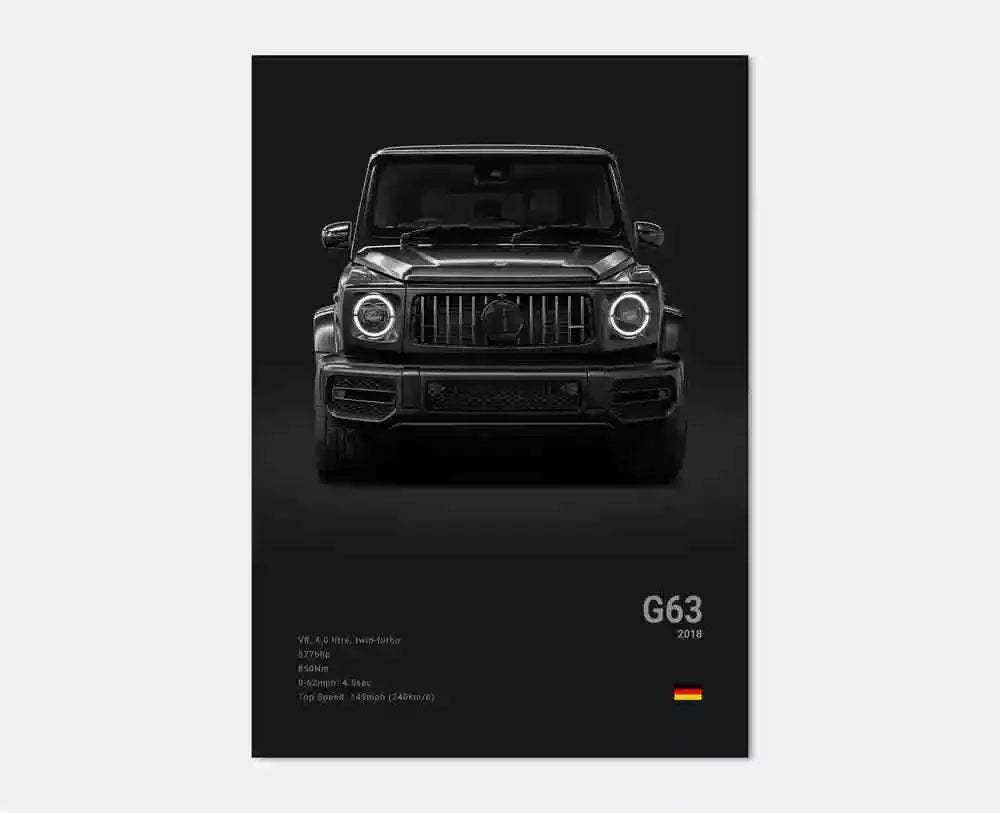 B&W Luxury Sports Car Poster Canvas Wall Art Garage Mancave Merc G63 SL GTR AMG