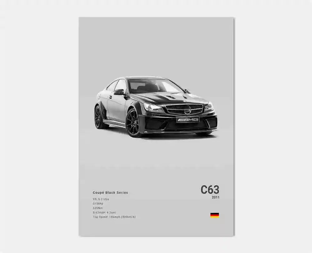 B&W Luxury Sports Car Poster Canvas Wall Art Garage Mancave Merc G63 SL GTR AMG