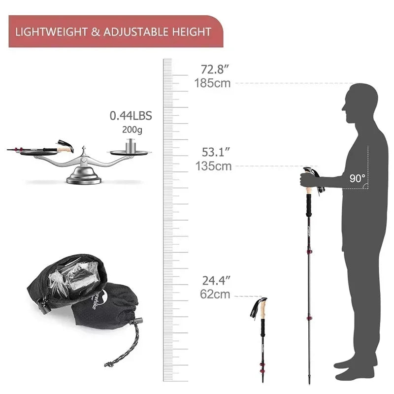 Naturehike Ultralight Carbon Trekking Pole 3-Section Folding Hiking Stick 193g