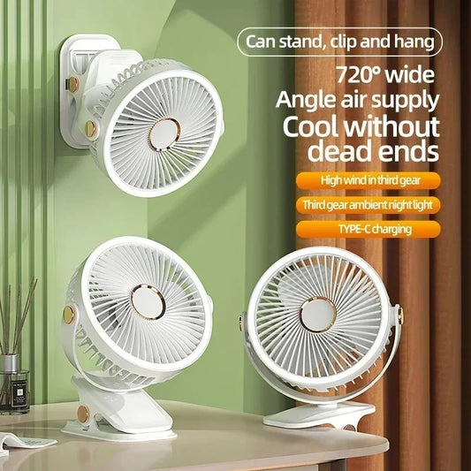 8000mAh Clip-on  Rechargeable Camping travel Fan Desktop Portable Wireless usb Fan With LED Light