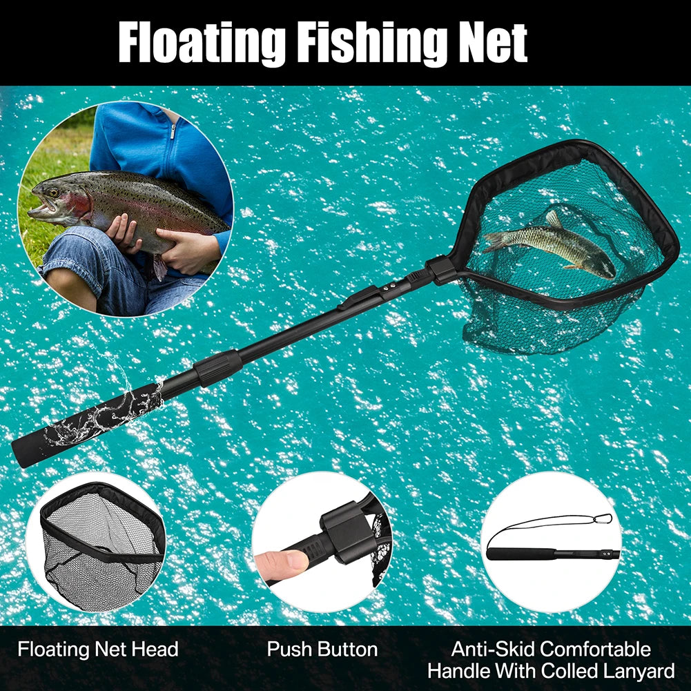 Floating Fishing Net with Telescopic Pole - Rubber Coated, Foldable, 80-100CM