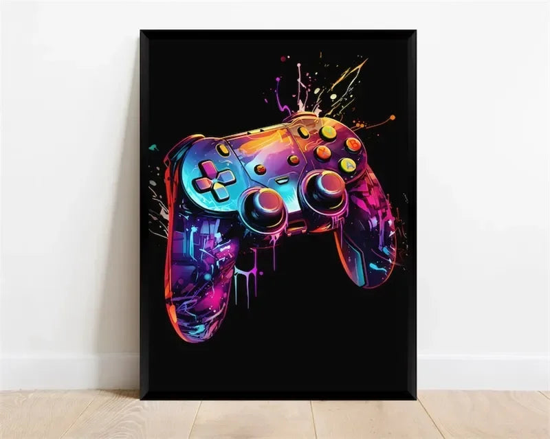 Pop Neon Video Game Character Canvas Wall Art Gamepad Headphones Gaming Room