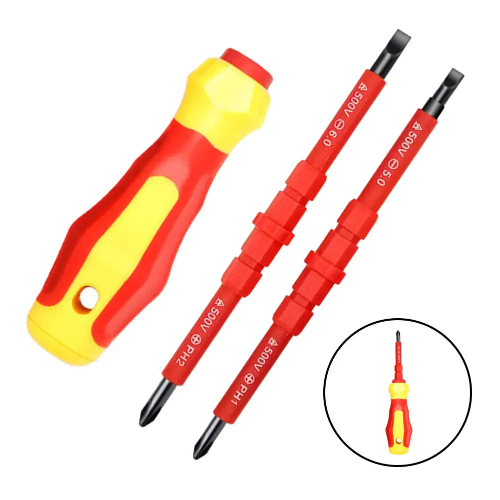 2-in-1 Insulated 500v Screwdriver Set - PH1, PH2, Slotted 5.0, 6.0 Electrician