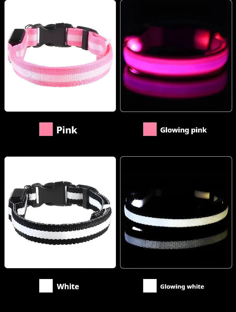 LED Dog Collar Glow-in-the-Dark, Safety Flashing Nylon Pet Collar luminous HiVis