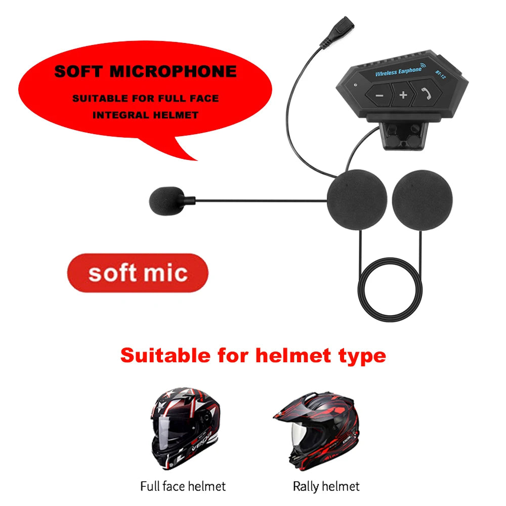 BT12 Bluetooth Motorcycle Helmet Headset Wireless Handsfree Music & Calls