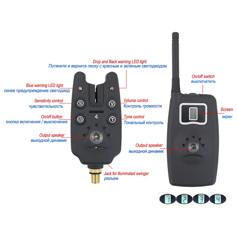 Wireless Carp Fishing Bite Alarm Set 1+4 w/ 4 LED Swingers B1203S-D
