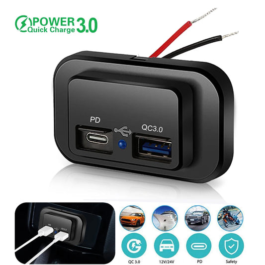 PD QC3.0 Dual USB power Socket 12V/24V Quick Charger LED Car Truck Motorcycle