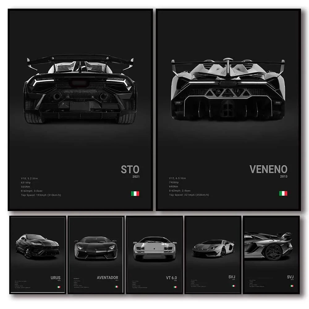 B&W Canvas Poster Luxury Supercar Lamborghini SUV SVJ Wall Art Garage Mancave