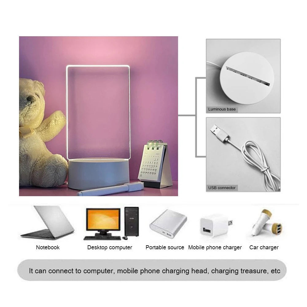 Transparent USB LED Night Light Erasable Write Message Board Notes Desktop