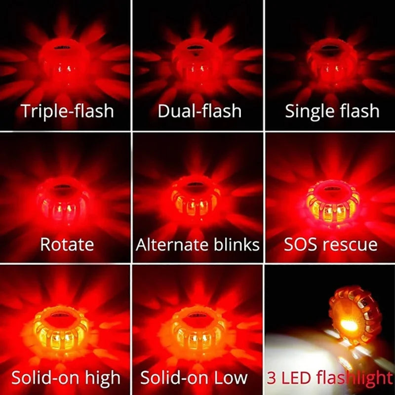 LED Warning Light Safety Flare 9-Mode Emergency Strobe Magnetic USB/Batt