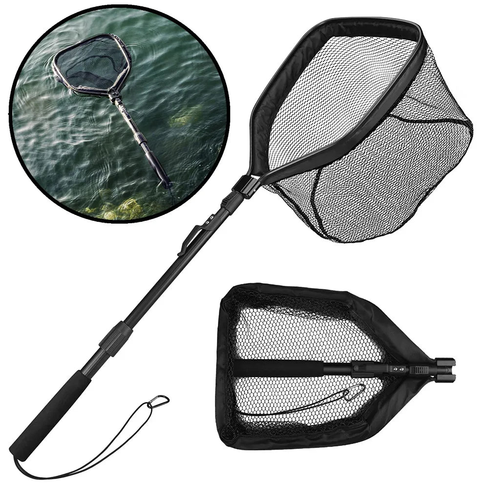 Floating Fishing Net with Telescopic Pole - Rubber Coated, Foldable, 80-100CM