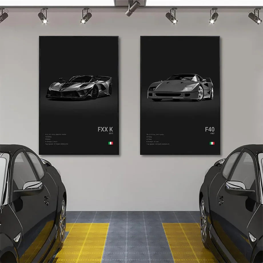 Pop B&W Italy Super Sport Car Canvas Poster Wall Art Garage F40 GTO GTB Mancave
