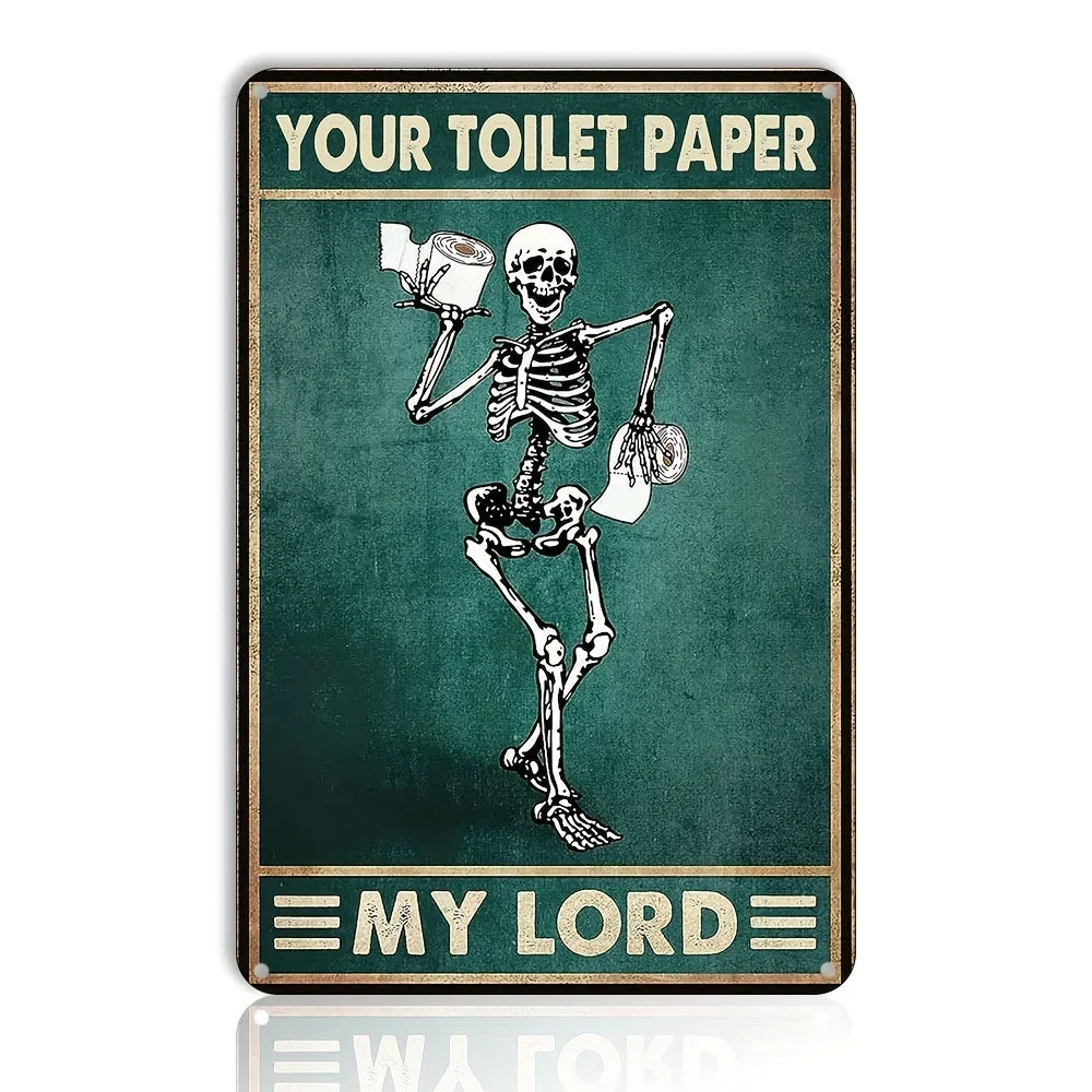 Funny Toilet Bathroom Decor Skeleton Skull Reading Newspaper Metal Sign, Retro Poster