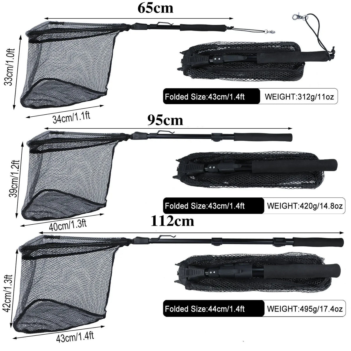 65-112cm options, Folding Telescopic Fishing Landing Net, Retractable Scoop