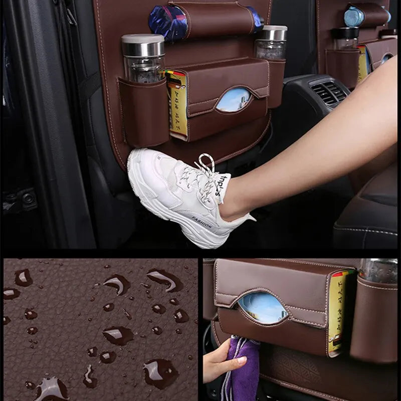 Car Seat Back Organizer w/ Foldable Tray – PU Leather Storage & Kick Mat
