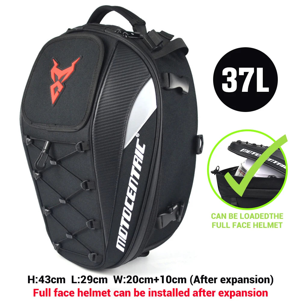 37L Motorcycle Tail Bag Waterproof Rear Seat Backpack Helmet Storage expandable