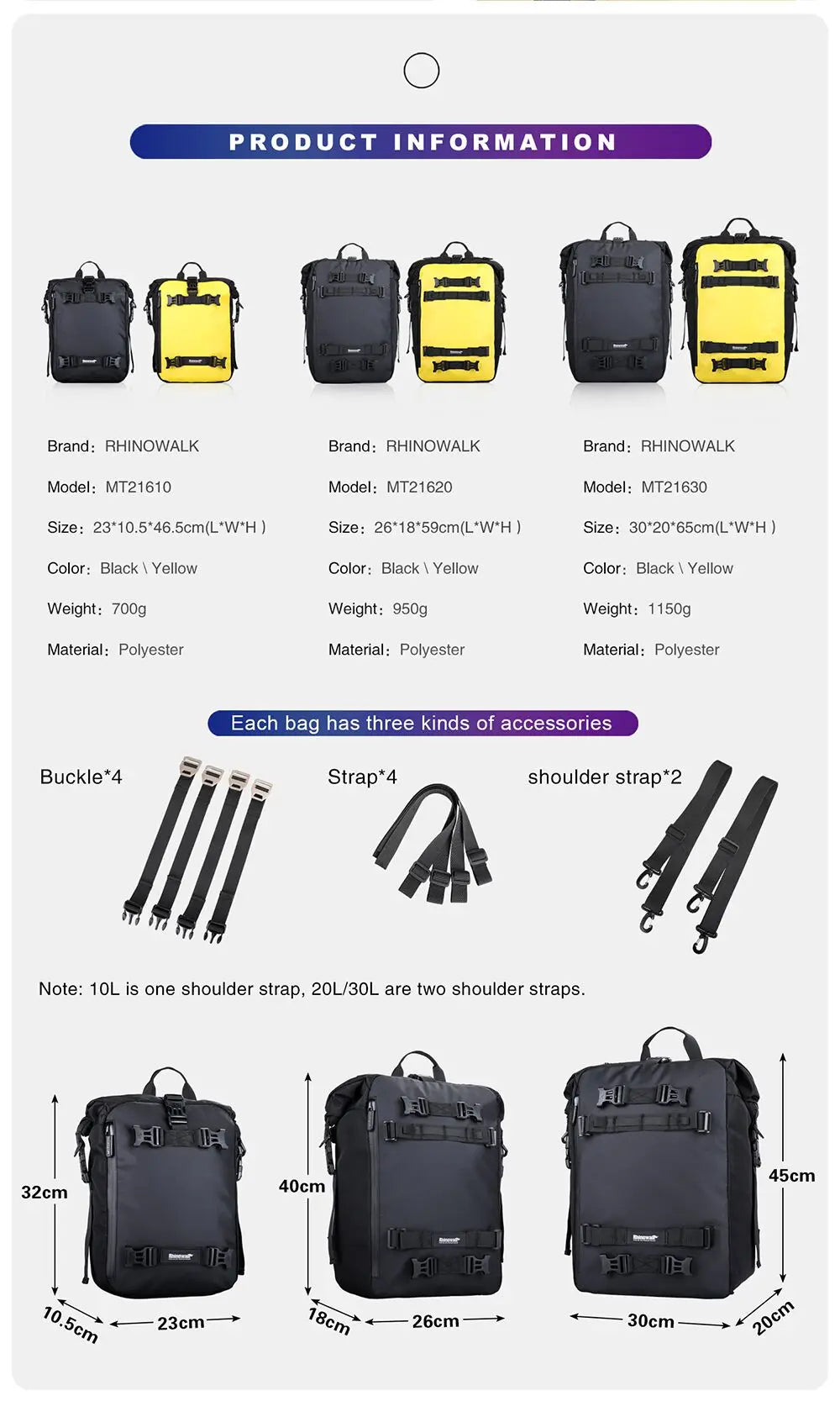 Rhinowalk Motorcycle Saddle Luggage Waterproof Rear Seat Bag 10L 20L 30L
