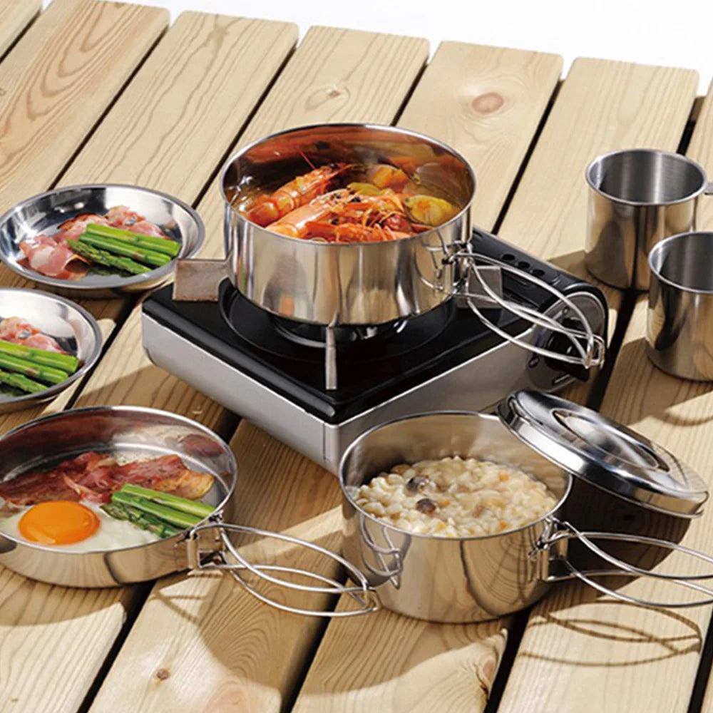 8Pcs Camping Cookware Set Pot Pan Cups Plates Hiking Picnic Outdoor Cooking Kit