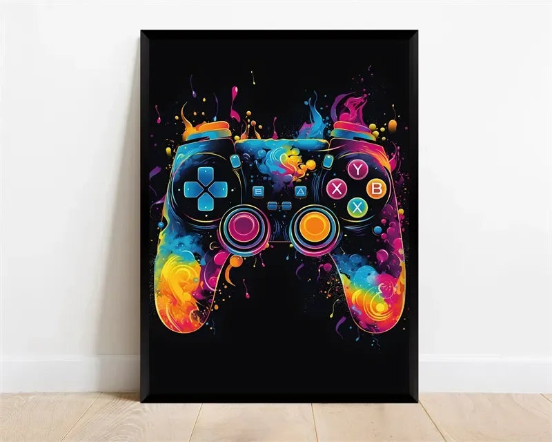 Pop Neon Video Game Character Canvas Wall Art Gamepad Headphones Gaming Room